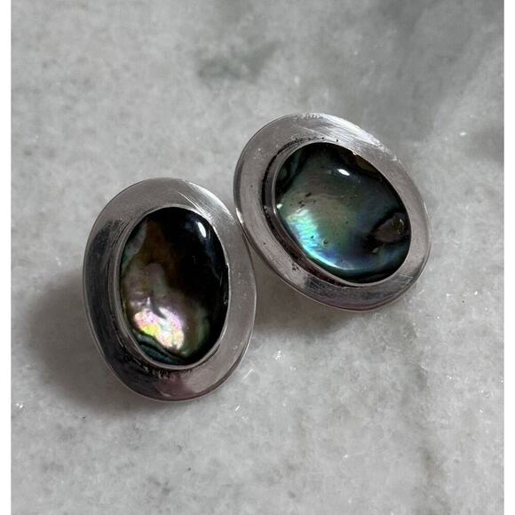Vintage MCM Sterling Silver Mexico 925 Abalone Earrings - Picture 5 of 6